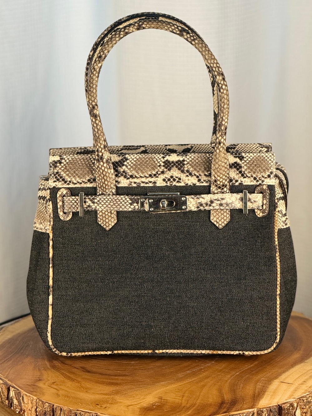 Italian Leather & Denim Canvas Satchel-Snakeskin Leather Trim-Castellari Milano